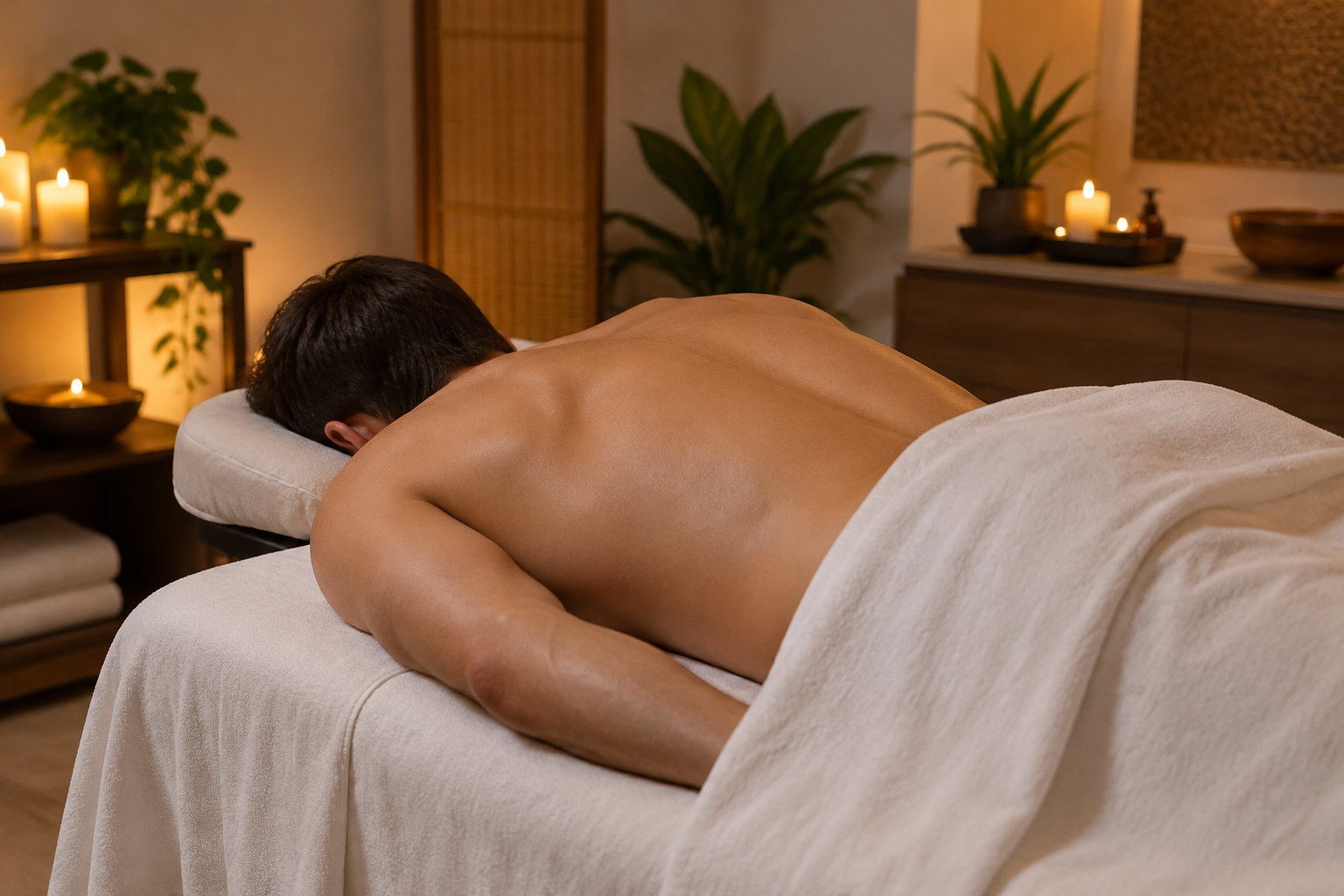 Un homme est allongé sur le ventre, le dos découvert et recouvert d’une serviette au niveau des hanches, dans une salle de massage éclairée par des bougies.
