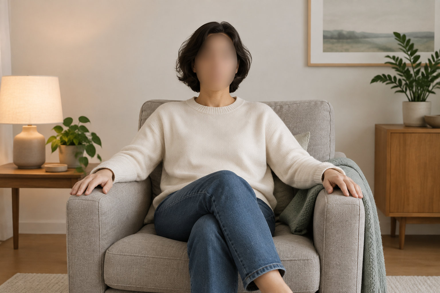 Une personne au visage flouté est assise, les jambes croisées, dans un fauteuil au milieu d’un salon chaleureux.