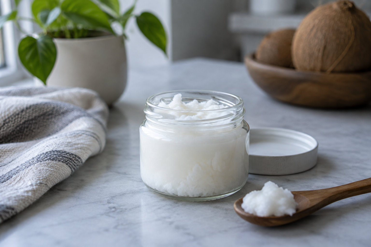Un pot en verre ouvert rempli d’une substance blanche est posé sur un plan de travail, avec une cuillère en bois, un linge, une plante et des noix de coco à proximité.