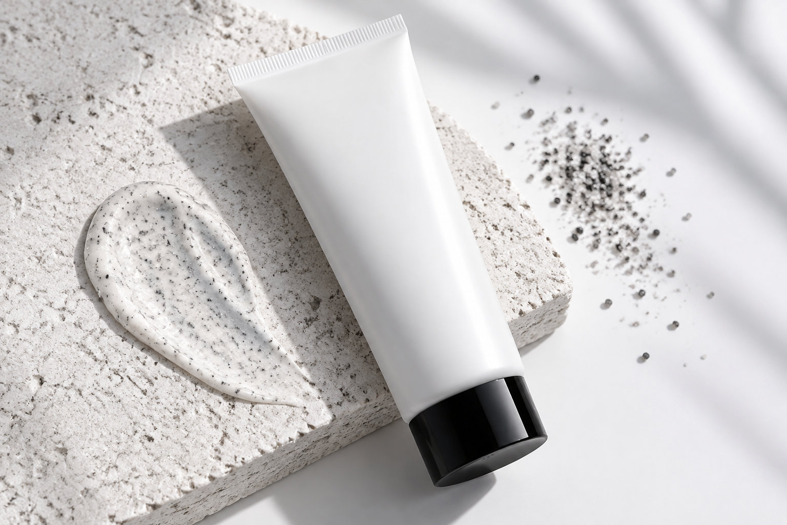 Un tube blanc à bouchon noir repose sur une pierre claire, près d’une noisette de crème exfoliante et de grains noirs éparpillés.