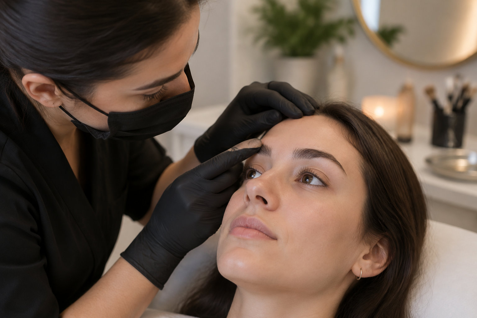 Une professionnelle masquée et gantée examine le sourcil d’une femme allongée dans un fauteuil.