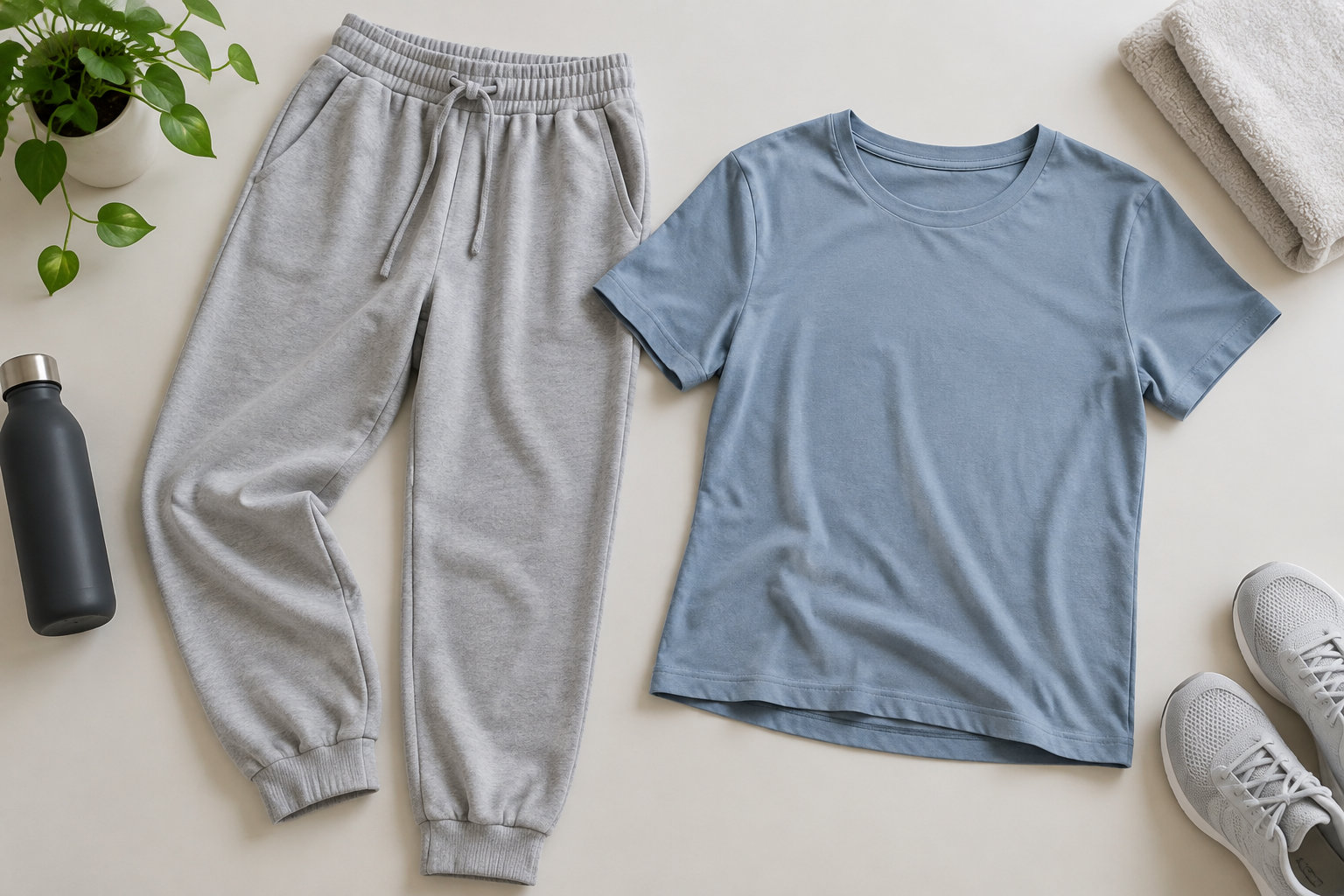 Un pantalon de jogging gris et un tee-shirt bleu sont posés à plat, entourés d’une plante, d’une gourde, d’une serviette et de chaussures de sport.