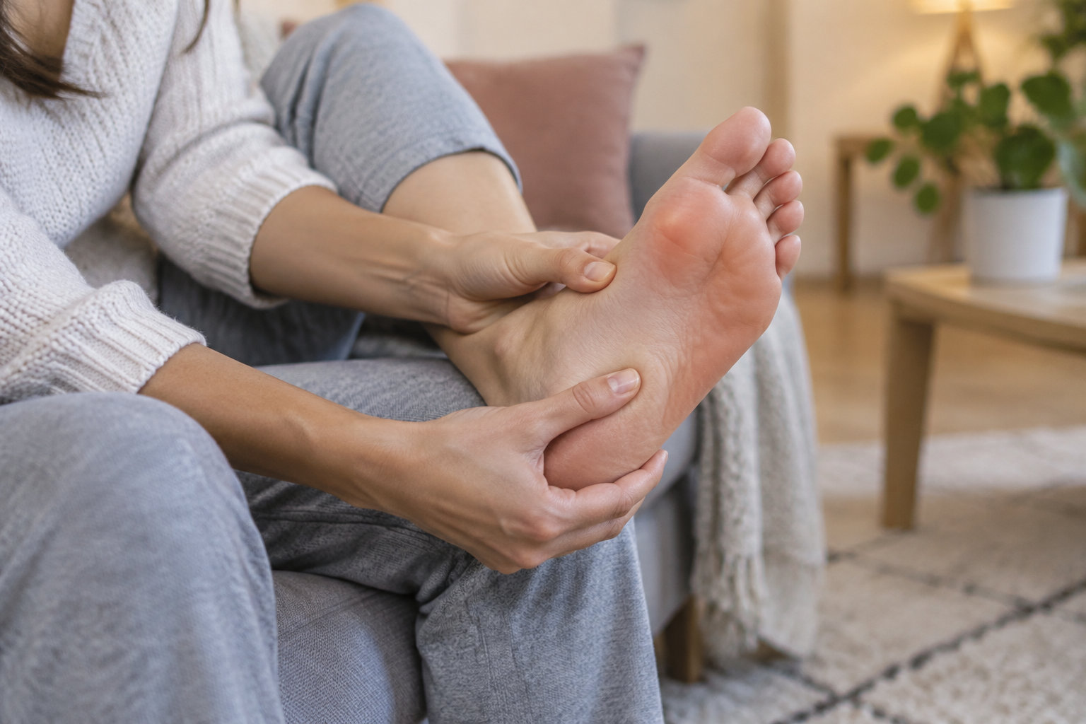 Une personne assise masse la plante de son pied dans un salon.