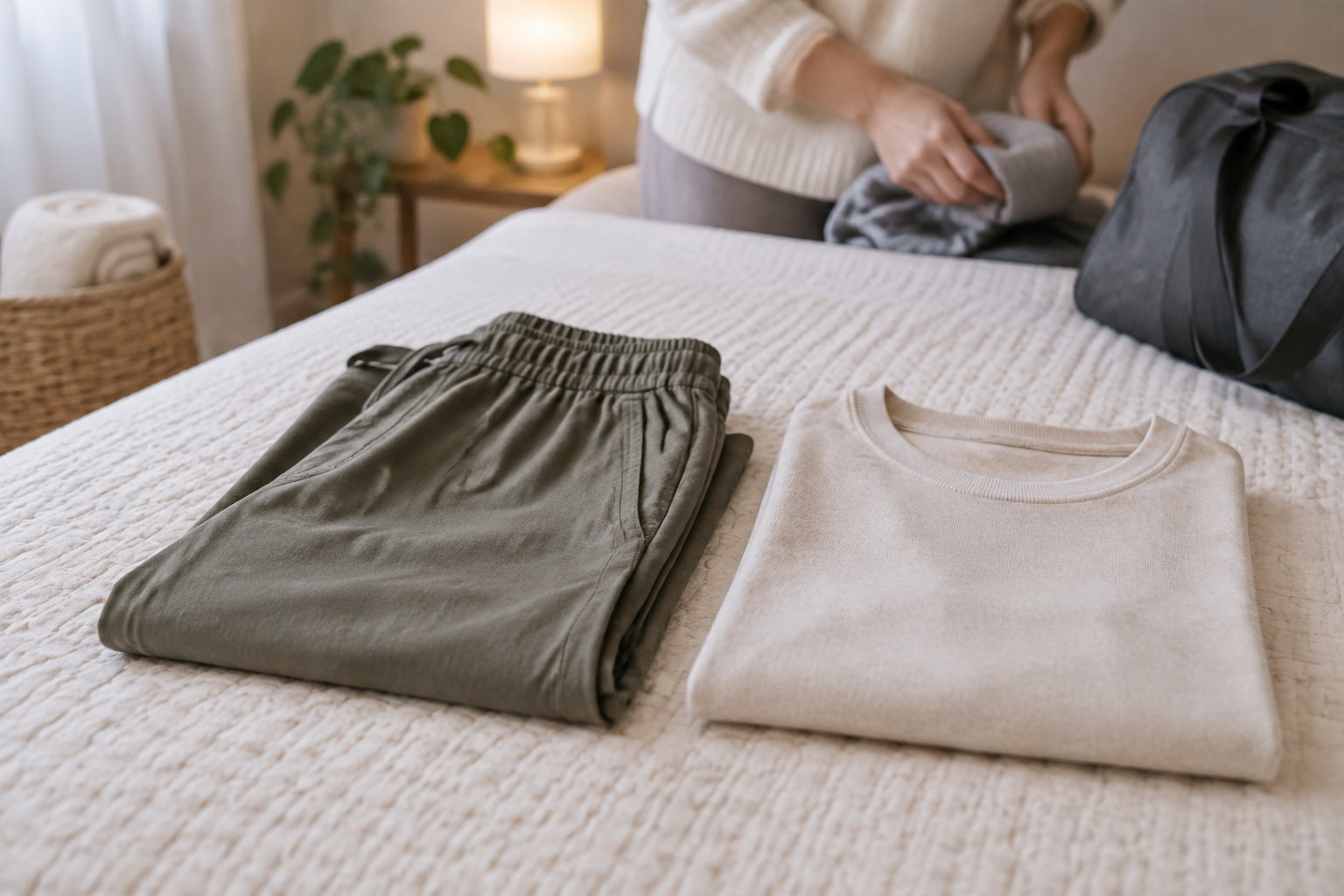 Un pantalon kaki et un haut clair pliés sont posés sur un lit, tandis qu’une personne range un vêtement dans un sac.