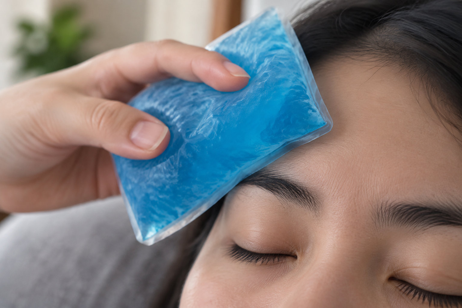 Une main pose une poche de froid bleue sur le front d’une personne aux yeux fermés.