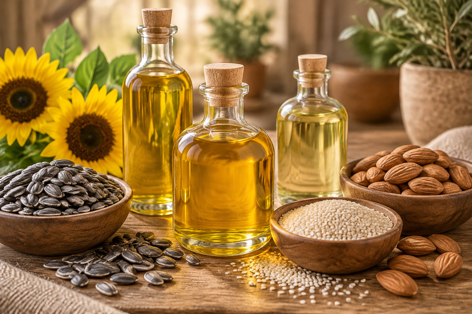 Trois flacons d’huile sont disposés sur une table en bois, entourés de tournesols, de graines, de sésame et d’amandes.
