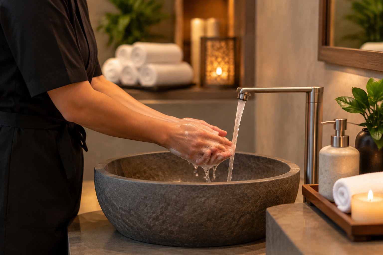 Une personne en tenue noire se lave les mains sous un robinet, au-dessus d’un lavabo en pierre, dans une salle de bain éclairée à la bougie.