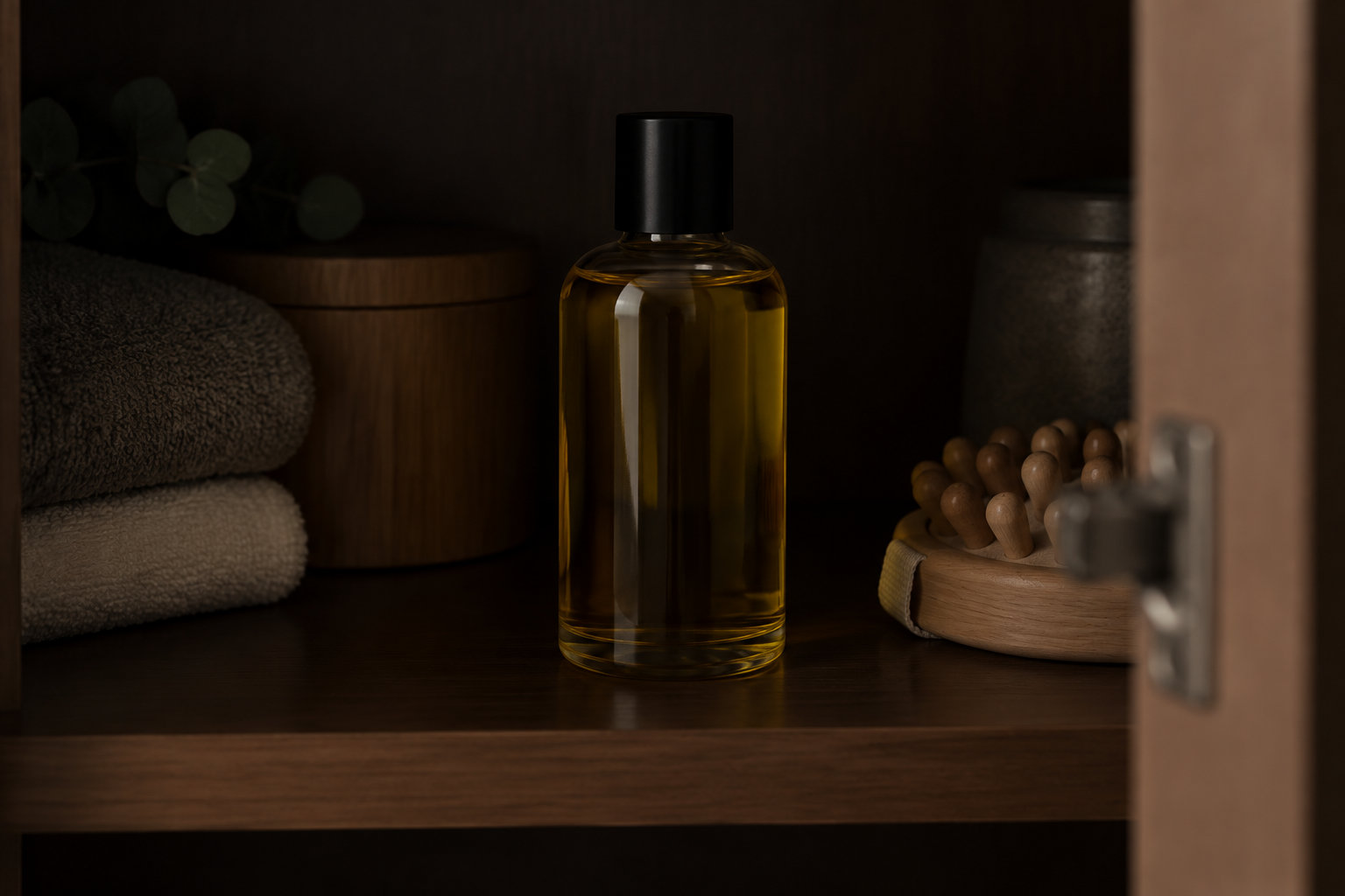 Un flacon transparent rempli de liquide ambré est posé sur une étagère en bois, entre des serviettes roulées et une brosse en bois.