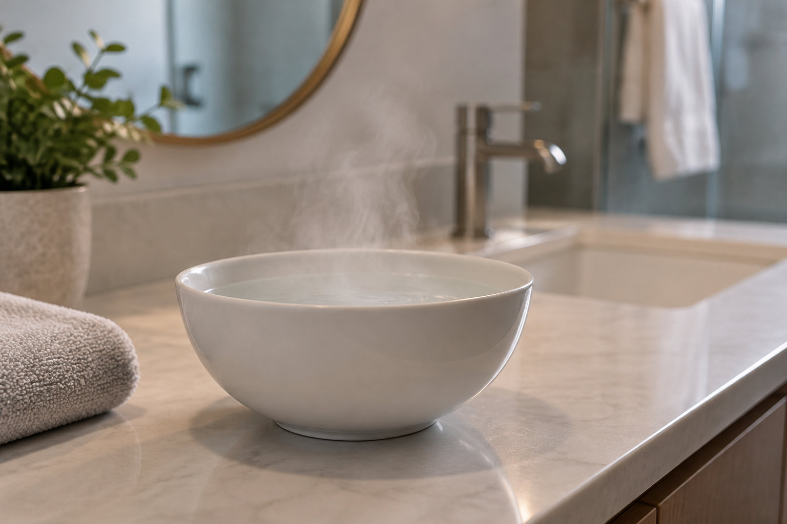 Un lavabo blanc rempli d’eau chaude dégage de la vapeur sur un comptoir de salle de bains, près d’une serviette et d’une plante en pot.
