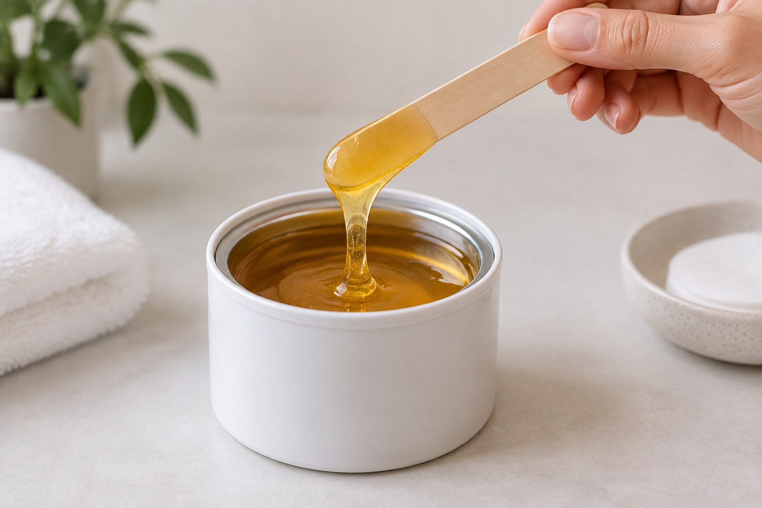 Une main soulève une spatule en bois couverte de cire ambrée au-dessus d’un pot blanc, avec une serviette et une plante en arrière-plan.