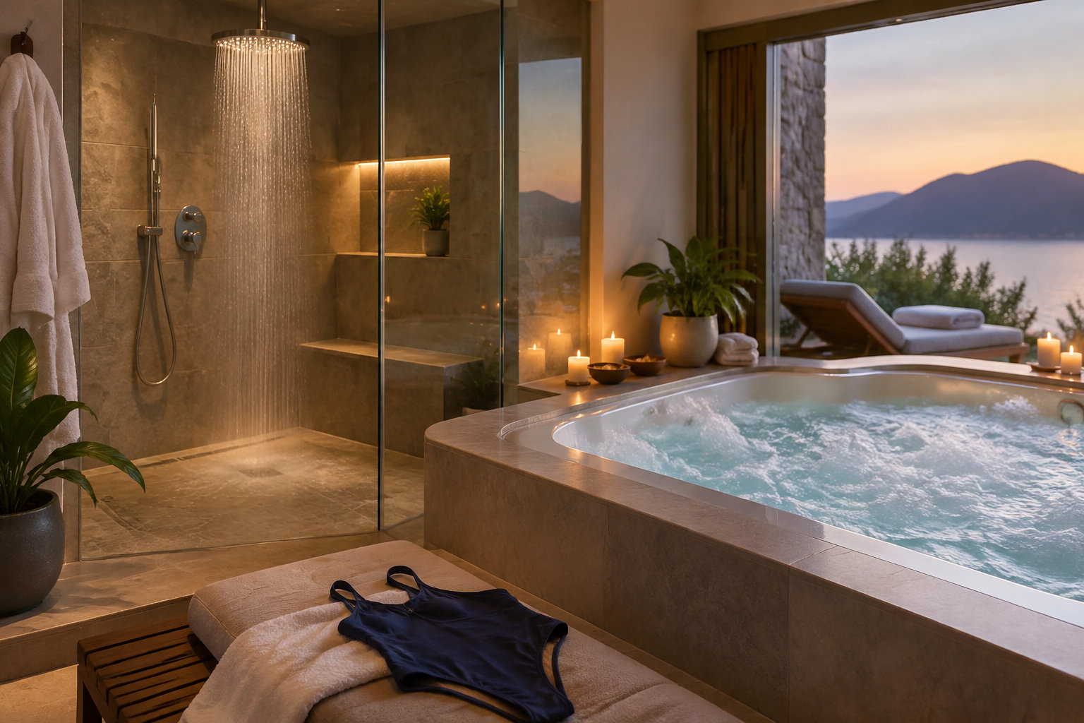 Une salle de bain avec douche vitrée et baignoire à remous donne sur un paysage de montagne au coucher du soleil.