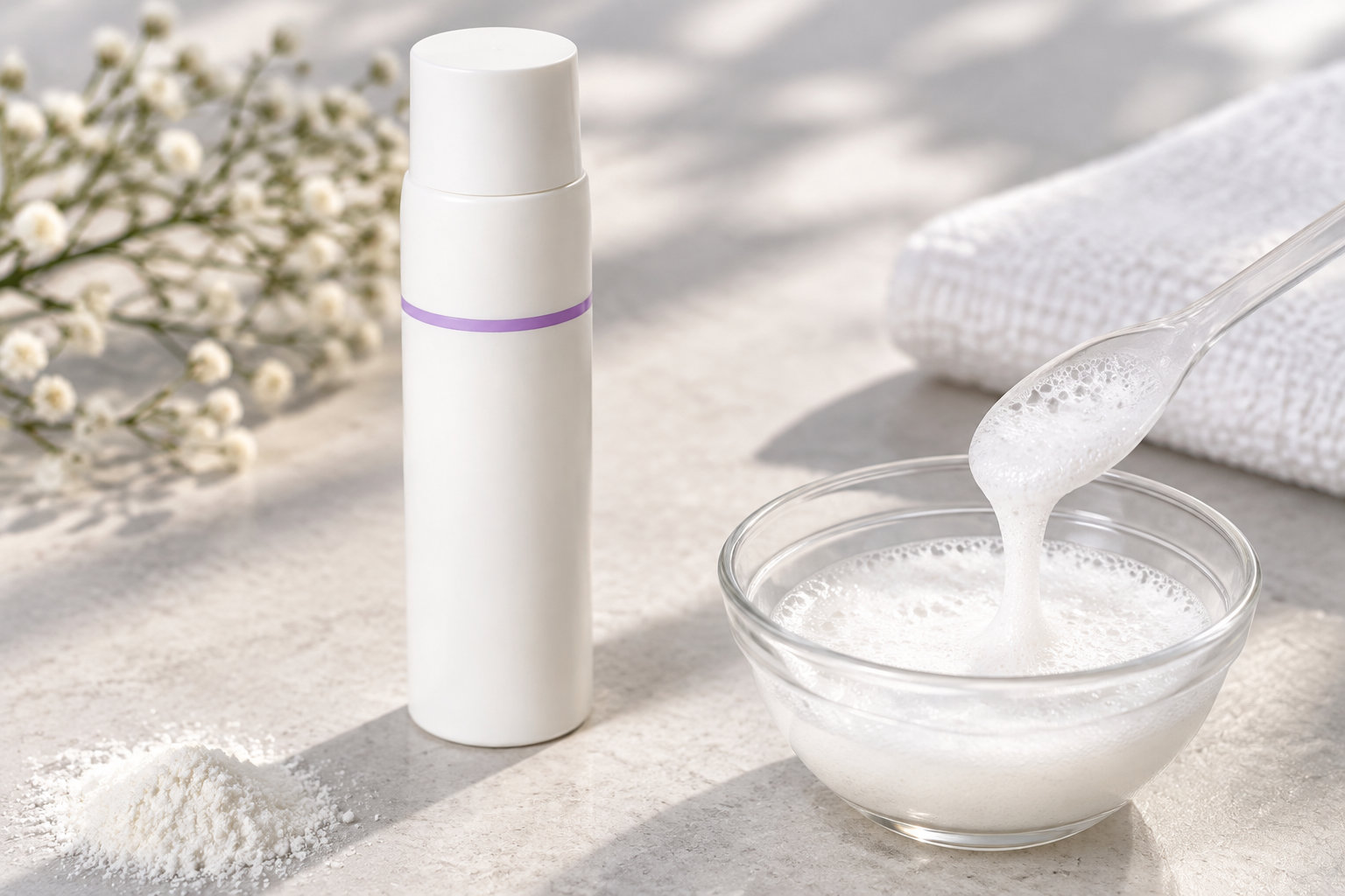 Un flacon blanc sans étiquette se tient à côté d’un bol de mousse blanche, dont une cuillère soulève une portion, avec un petit tas de poudre et des fleurs blanches en arrière-plan.