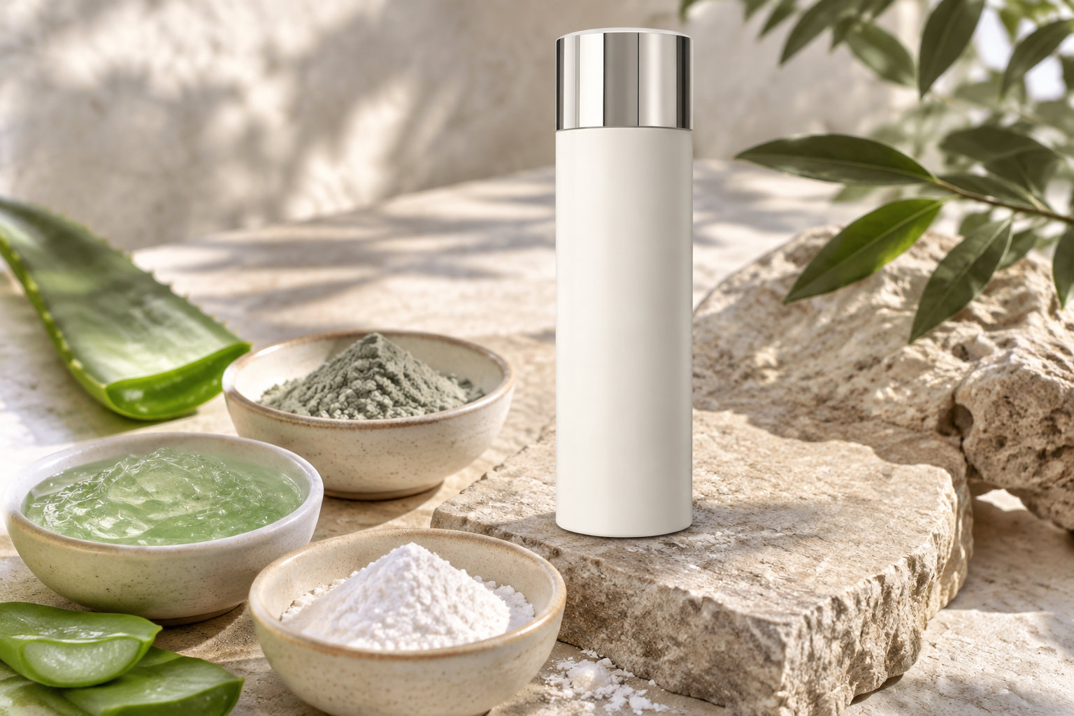 Un flacon blanc à bouchon métallique est posé sur une pierre, entouré de bols contenant des préparations vertes et blanches, de feuilles et d’un morceau d’aloe vera.