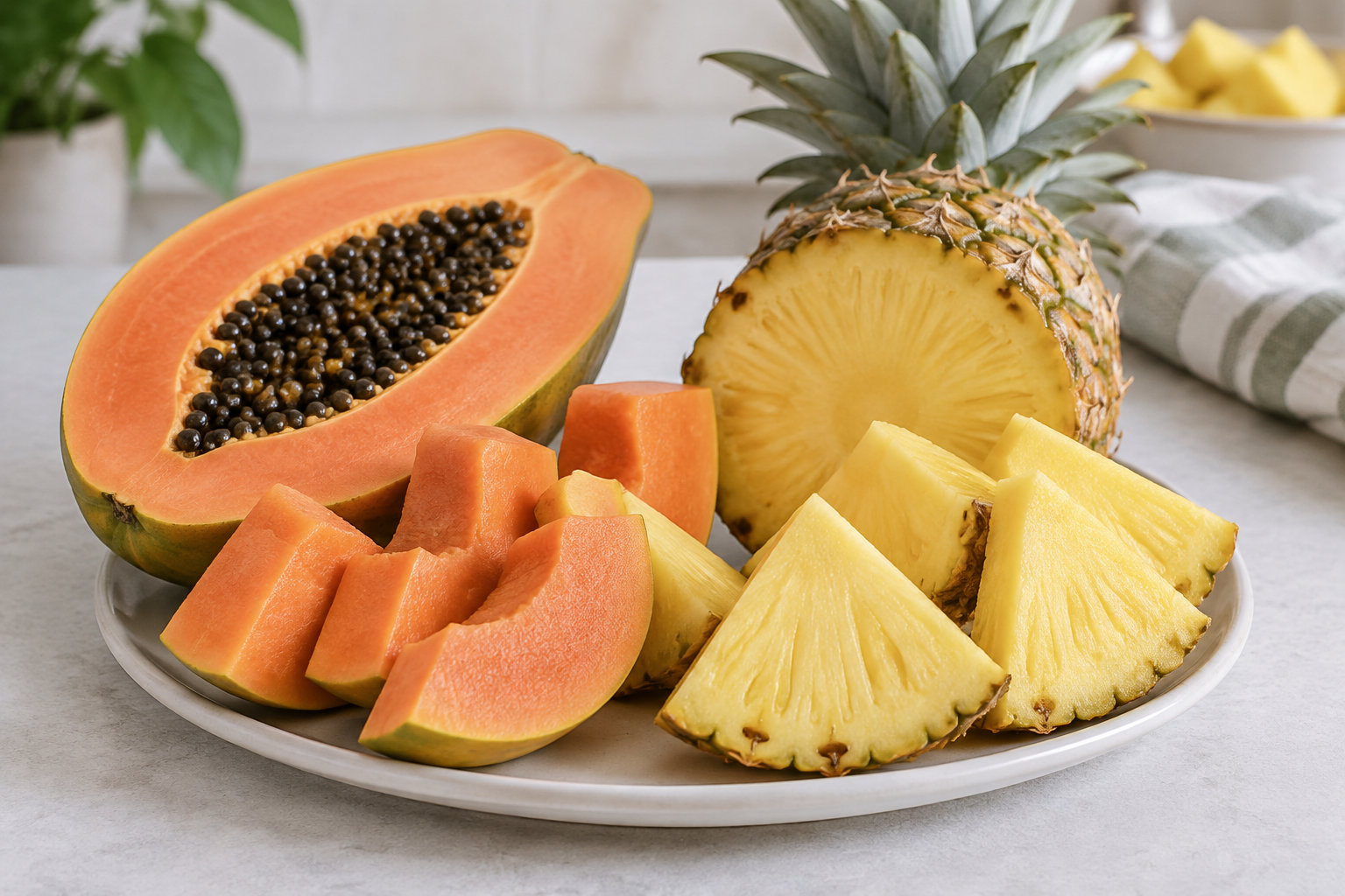 Une assiette présente une papaye coupée en deux et en quartiers, ainsi qu’un ananas entier et des morceaux d’ananas.