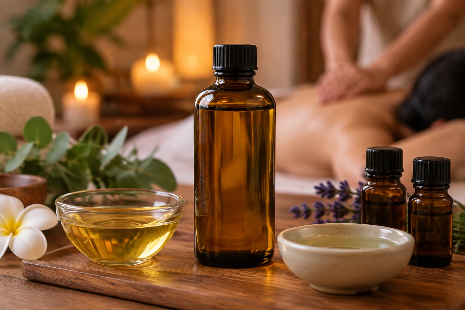Des flacons ambrés, des bols d’huile, des fleurs et des plantes sont disposés sur une table en bois, devant une personne qui reçoit un massage dans une pièce éclairée par des bougies.