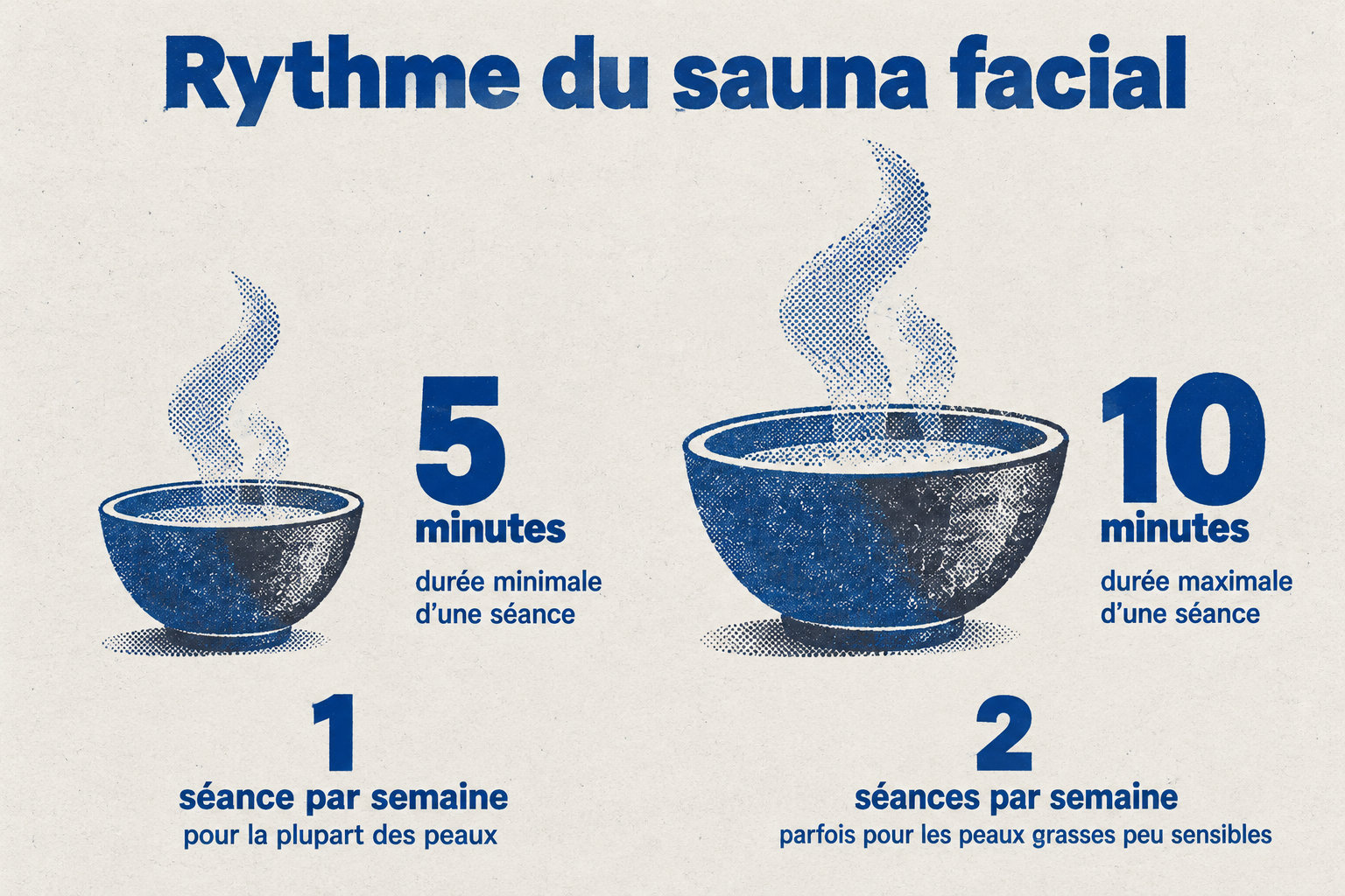 Une séance dure cinq à dix minutes ; une séance par semaine convient à la plupart des peaux, et les peaux grasses peu sensibles tolèrent parfois deux séances par semaine.